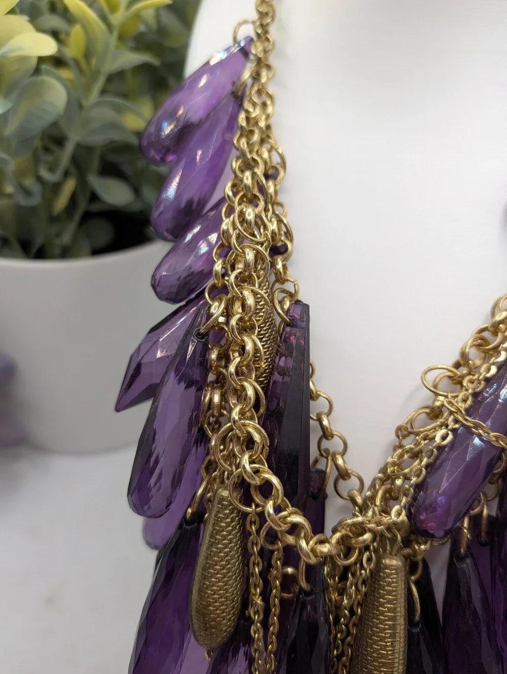 Vintage Chunky Purple Crystal Statement Necklace Gold Tone Layered Fringe Bib